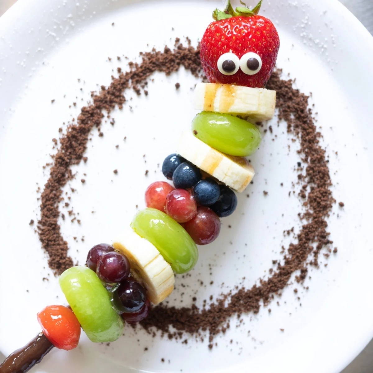 Vibrant Caterpillar Fruit Skewers sit on a cookie crumb track, a whimsical snack with fresh fruit.