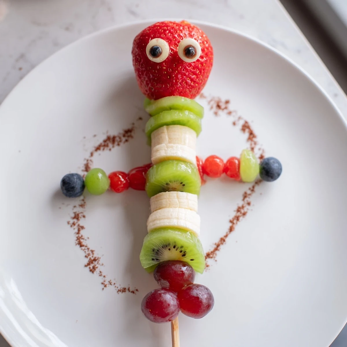 Kids will love this playful Caterpillar Fruit Skewer Track, a healthy treat arranged along a cookie path.