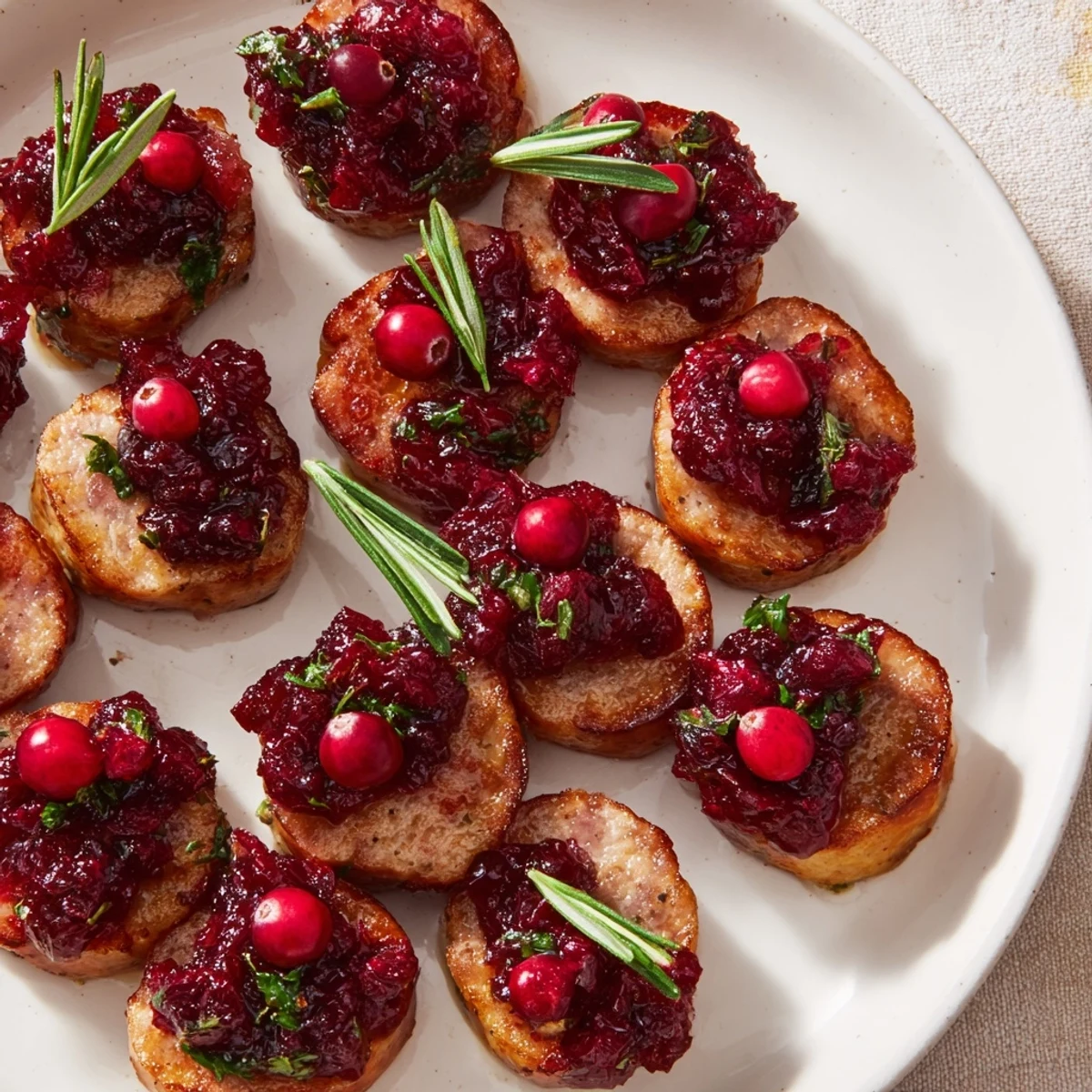 Close-up of savory Festive Holly Berry Sausage Bites, garnished with fresh herbs and cranberries, ready to serve.