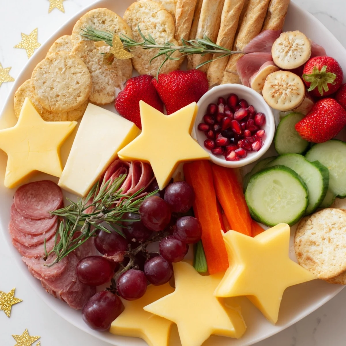 A visually stunning Happy New Year 2026 Star Board, overflowing with colorful festive appetizers.