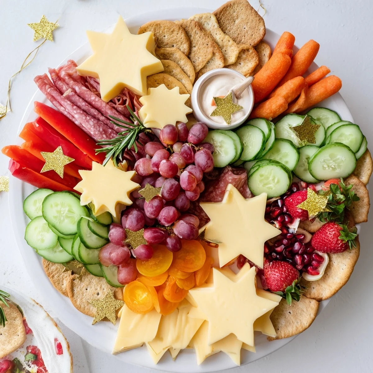 Festive Happy New Year 2026 Star Board with cheese stars, fresh fruit, crackers, and dips.