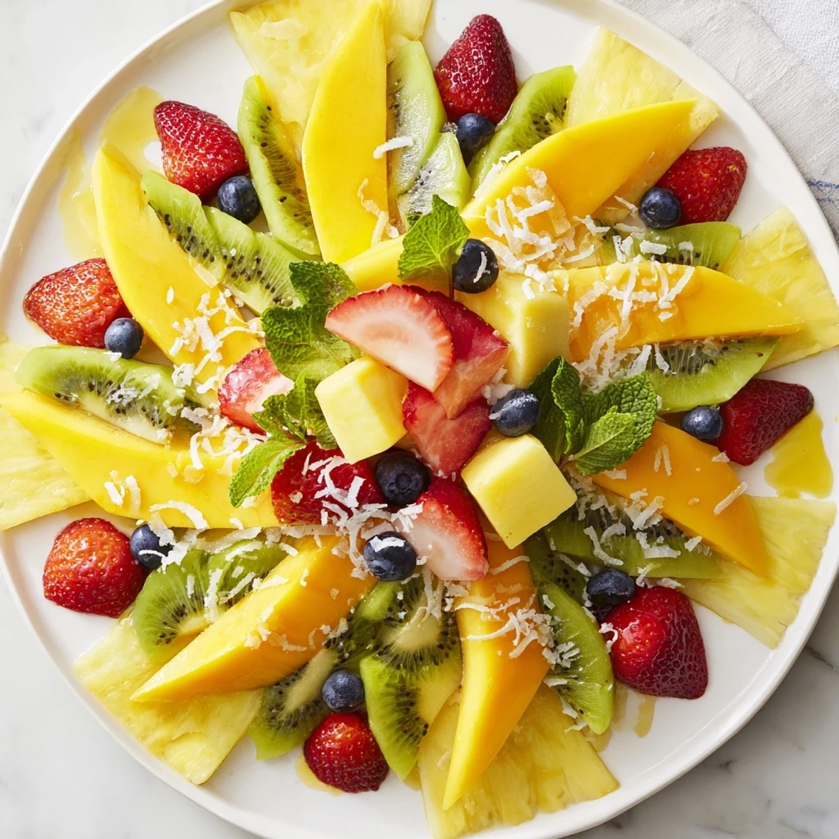 Discover a beautiful Tropical Pineapple Sun Fruit Platter, showcasing various fresh, juicy fruits beautifully arranged.