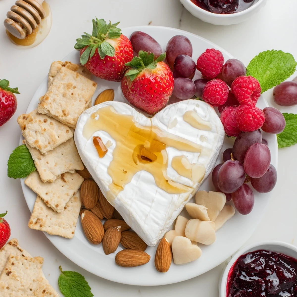 Prepare a delightful Sweetheart Brie and Jam Board, perfect for sharing on Valentine's Day.