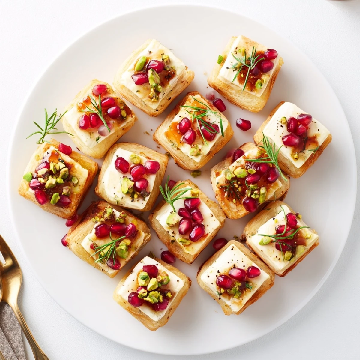 Warm Fireworks Brie Tartlets with vibrant pomegranate seeds for festive appetizer presentation.