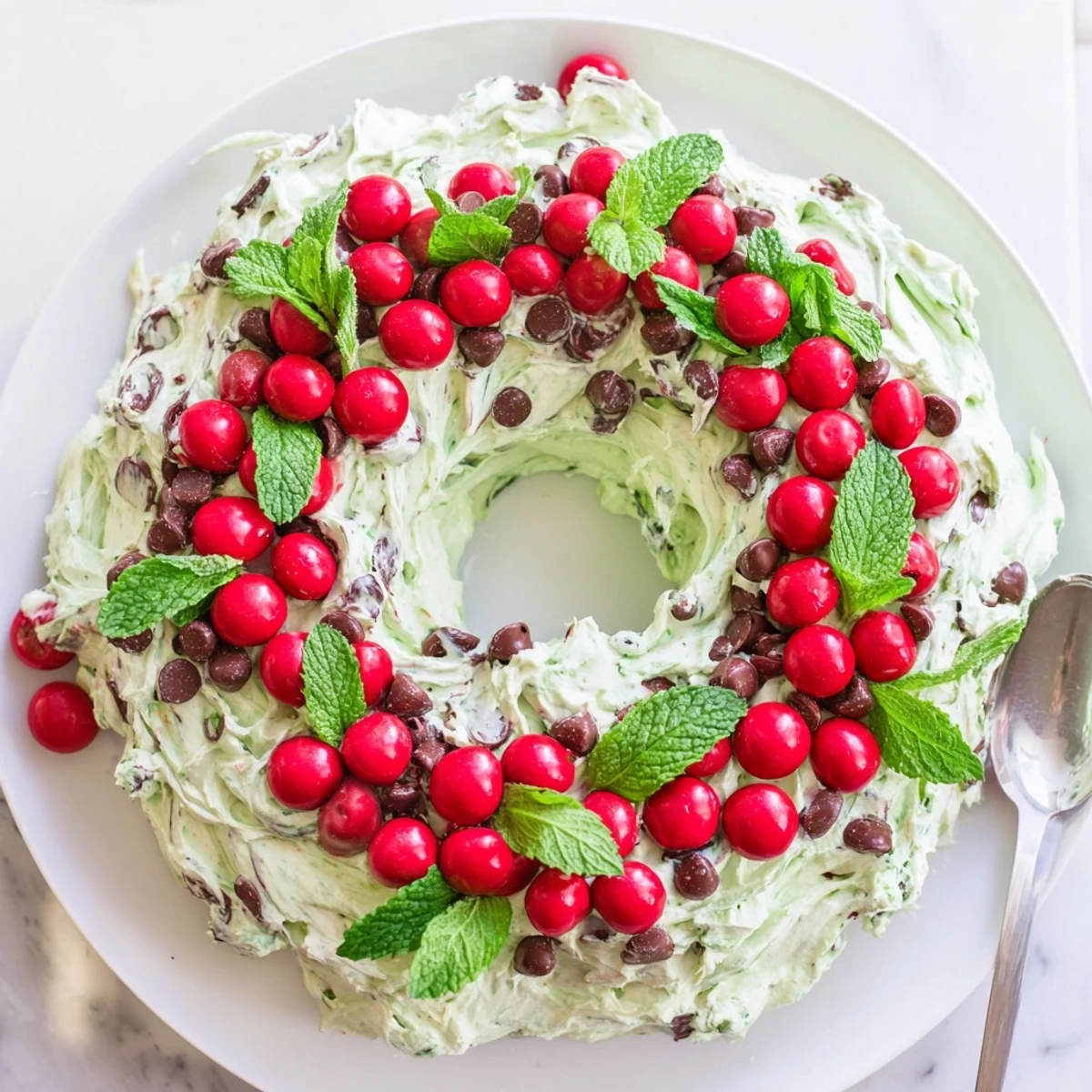 Creamy Mint Chocolate Chip Dip Wreath, festive dessert, garnished with holiday candies and fresh mint.
