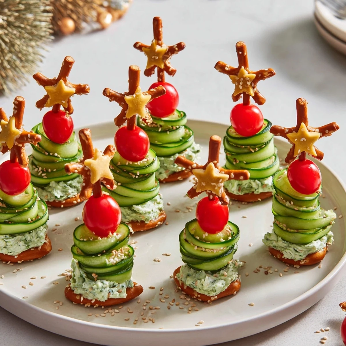 Close-up of elegant Spiral Cucumber Ribbon Christmas Trees, perfect as a refreshing holiday appetizer.