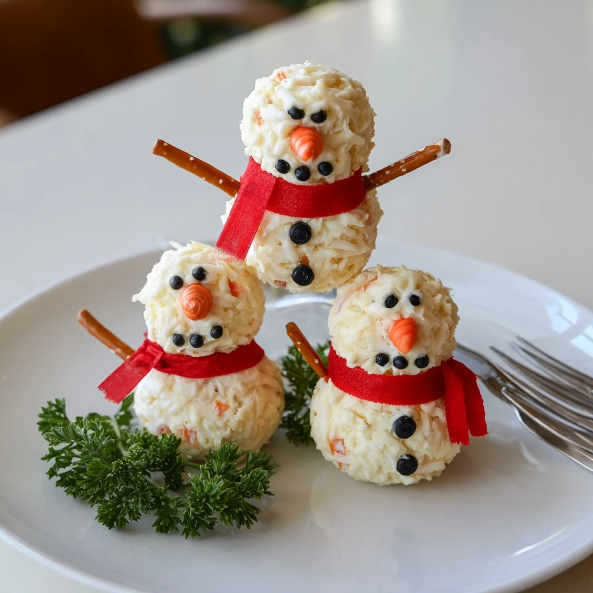 Trio of charming Snowman Cheese Balls, a creamy and flavorful appetizer with fresh vegetables for serving.