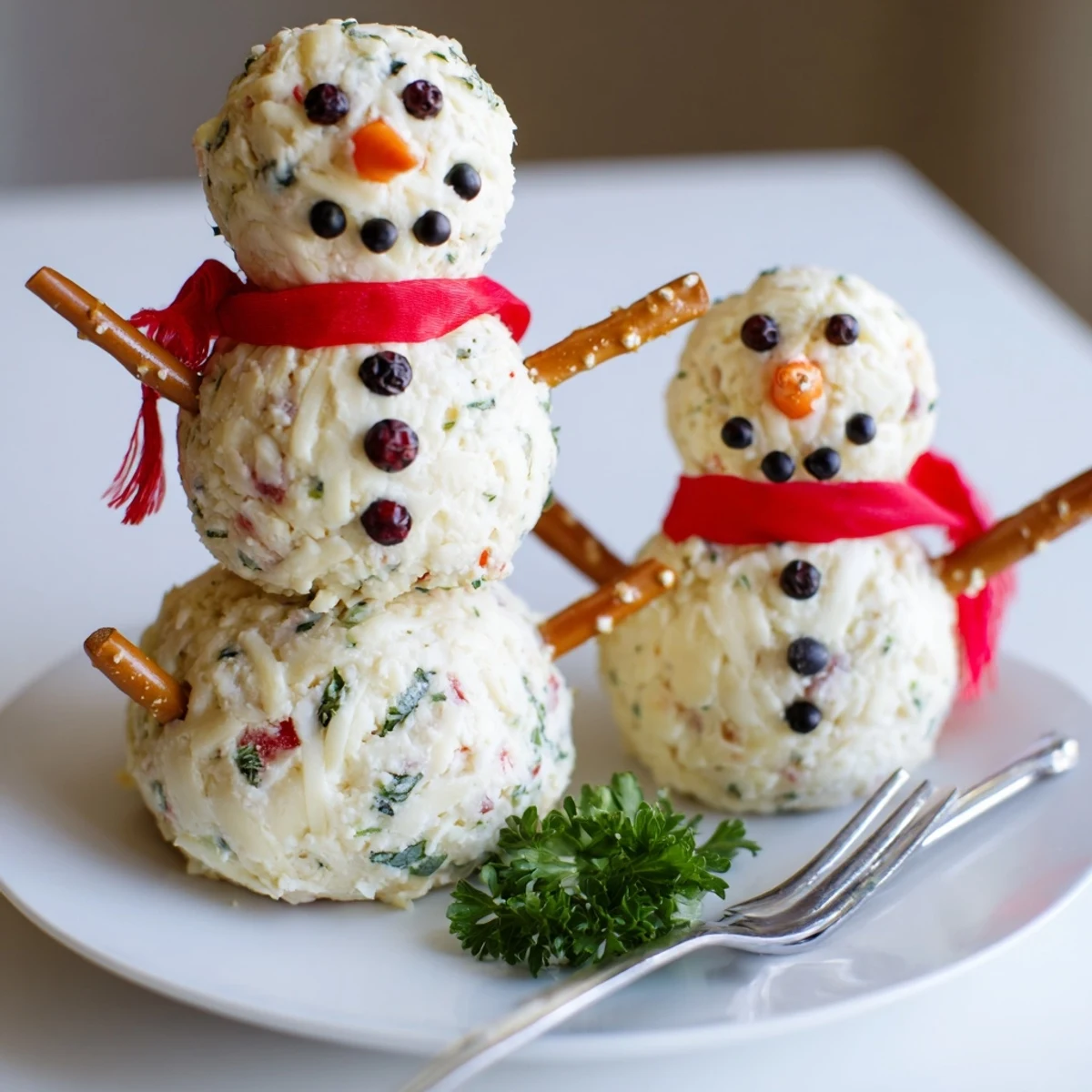 A close-up of a delightful Snowman Cheese Ball Trio, a fun appetizer for holiday parties.