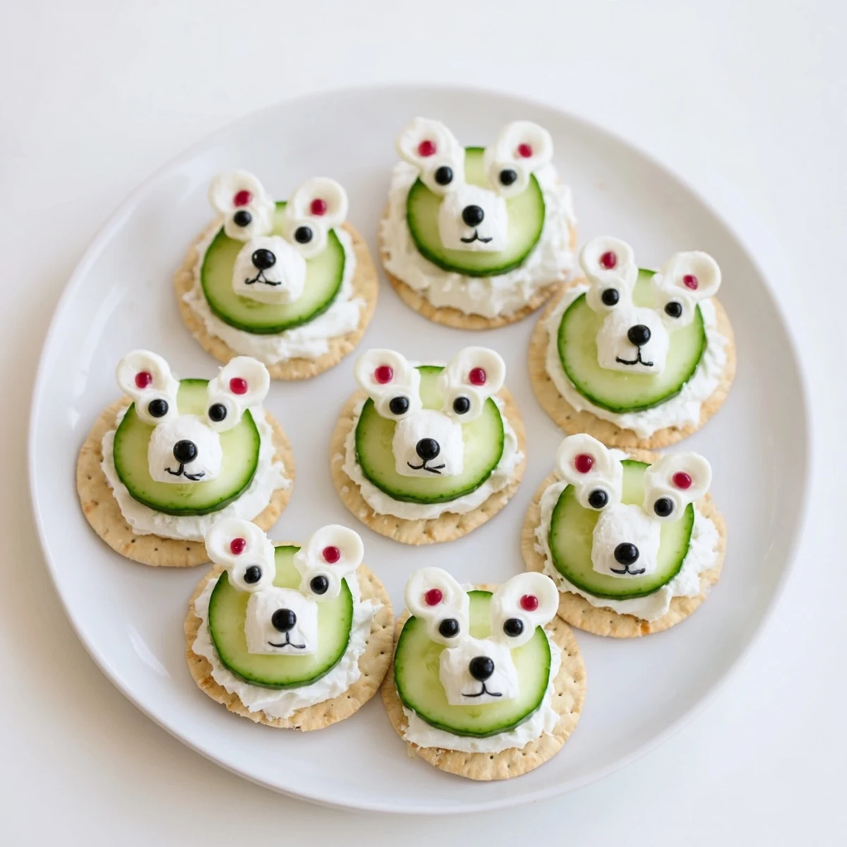 Polar Bear Iceberg Cracker Stacks topped with cream cheese, cucumber, olive noses, caper eyes, and radish ears.