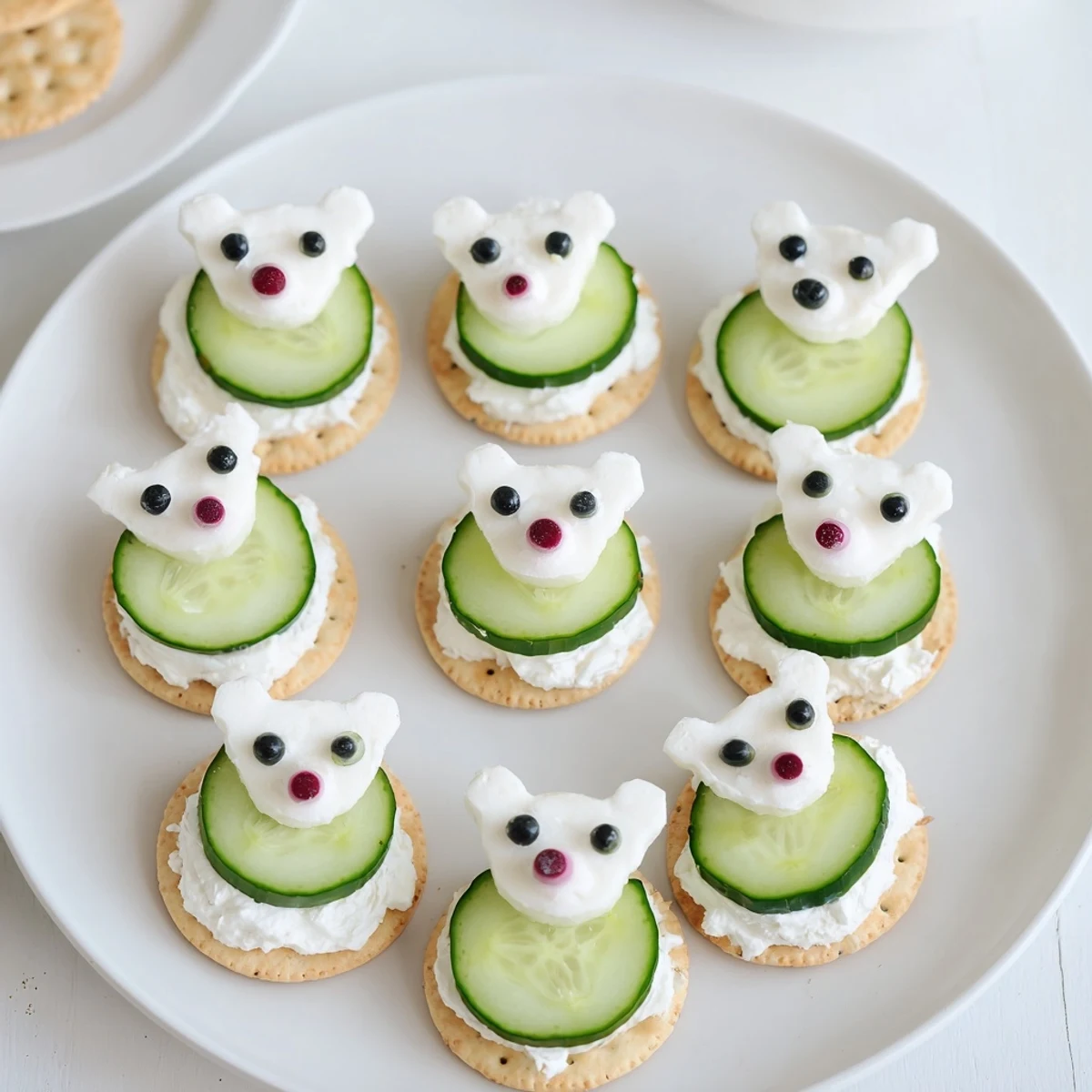 Creamy Polar Bear Iceberg Cracker Stacks, a delightful appetizer with refreshing cucumber icebergs, and olives.