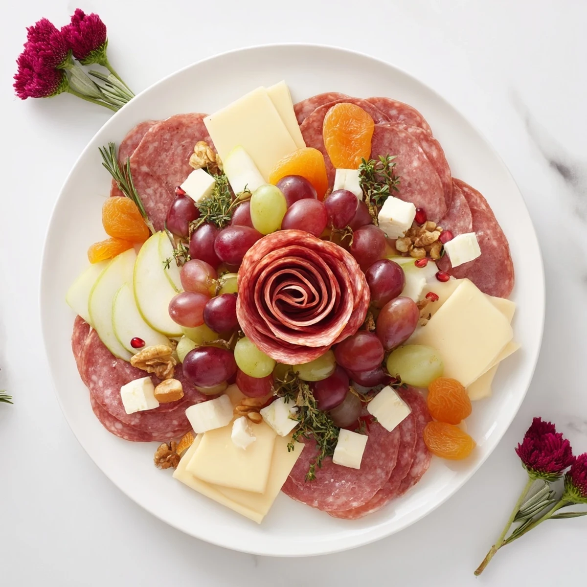 Festive charcuterie centerpiece featuring edible meat roses, brie, and grapes, perfect for holidays.