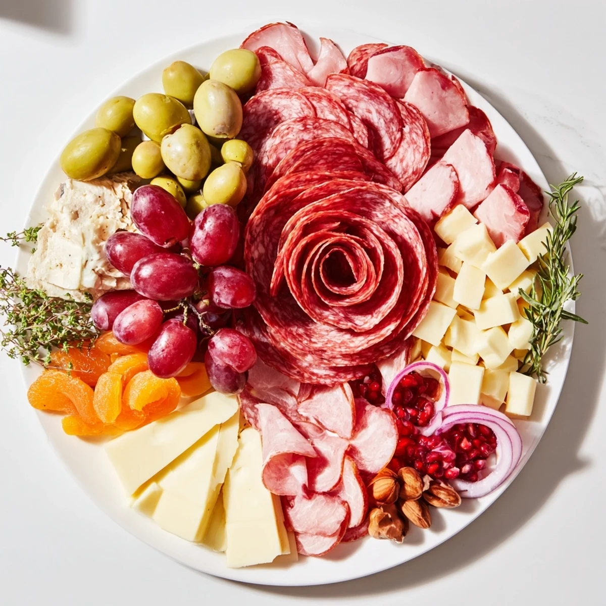 Elegant charcuterie board with meat rose bouquet, providing a selection of cheeses and fresh fruit.