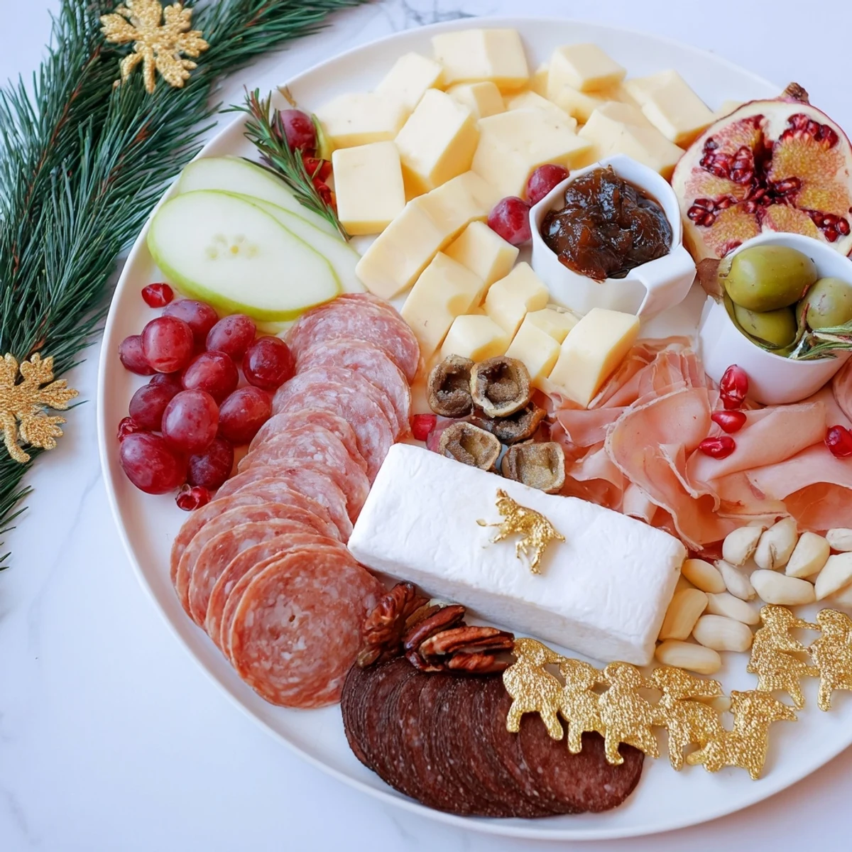 A beautifully arranged Twelve Days of Christmas Snack Board, featuring colorful holiday snacks and charcuterie.