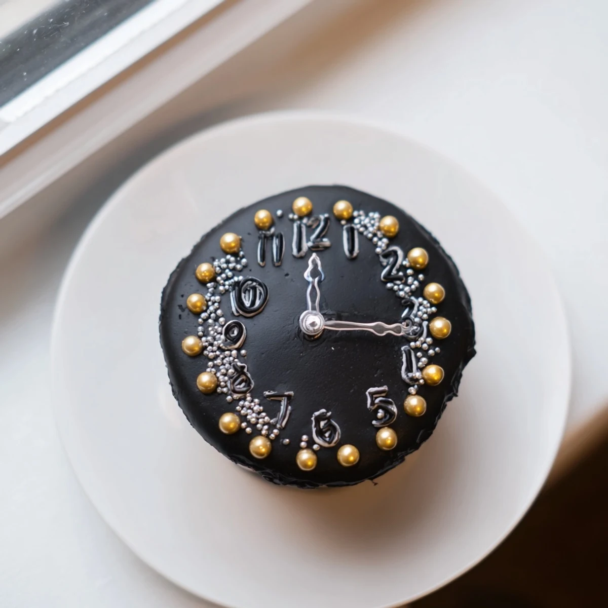 Festive Countdown Clock Mini Desserts, frosted in black buttercream, ready to celebrate a new year.