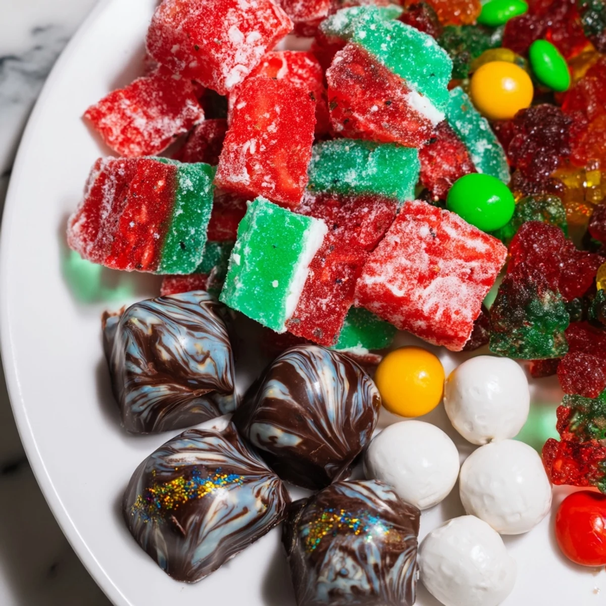 Festive Jingle Bell Rock Candy display: a colorful, edible centerpiece perfect for holiday tables.