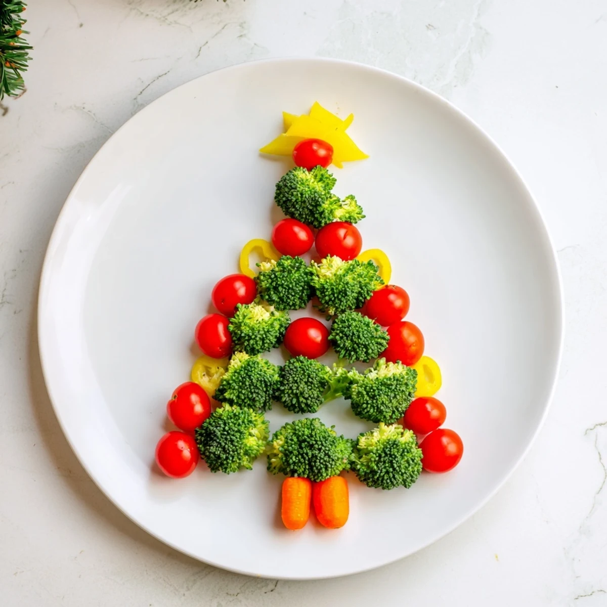 Vibrant Broccoli Tree with Cherry Tomato ornaments: a festive and healthy snack idea for a party.