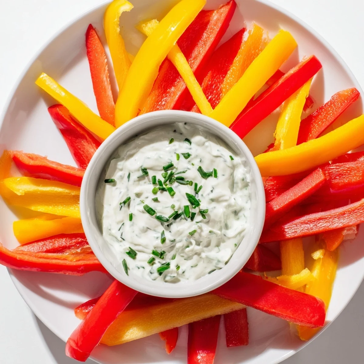 Crisp bell pepper strips surround a creamy Greek yogurt dip, a colorful and healthy snack.