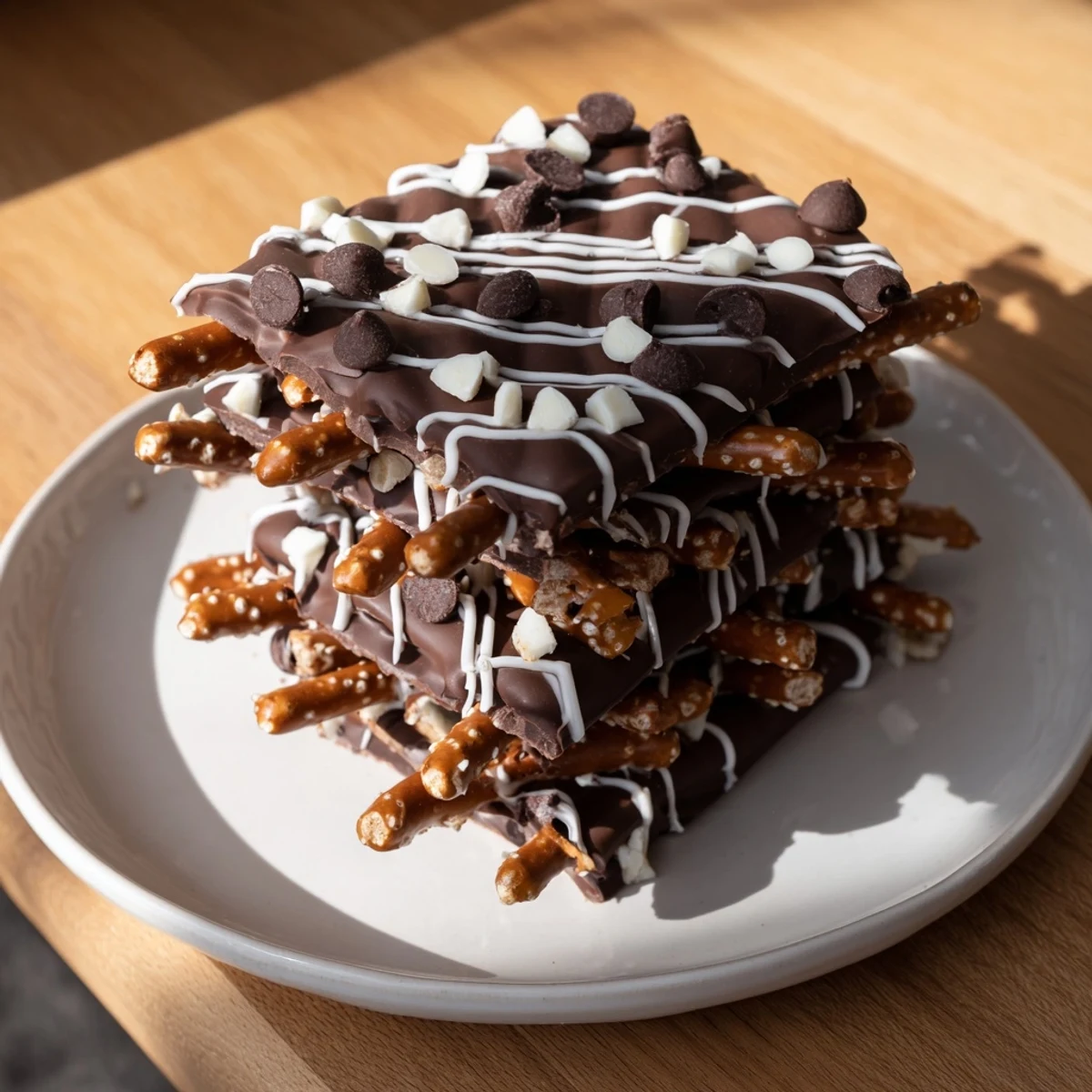 These Chocolate Covered Pretzel Stick Stacks are a delicious American dessert, perfect for sharing at parties.
