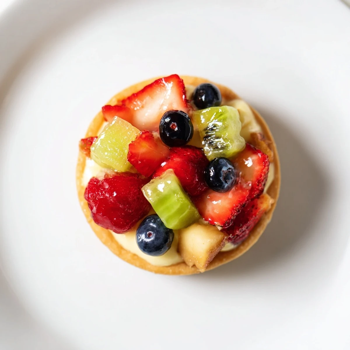 Vibrant mini fruit tartlets arranged in a circle, showcasing a delicious combination of fresh berries and cream filling.