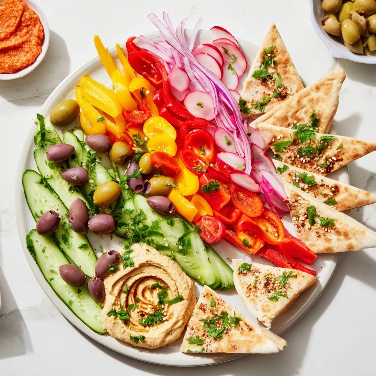 A vibrant Moroccan Tent appetizer platter featuring fresh vegetables, dips, and warm flatbread presentation.
