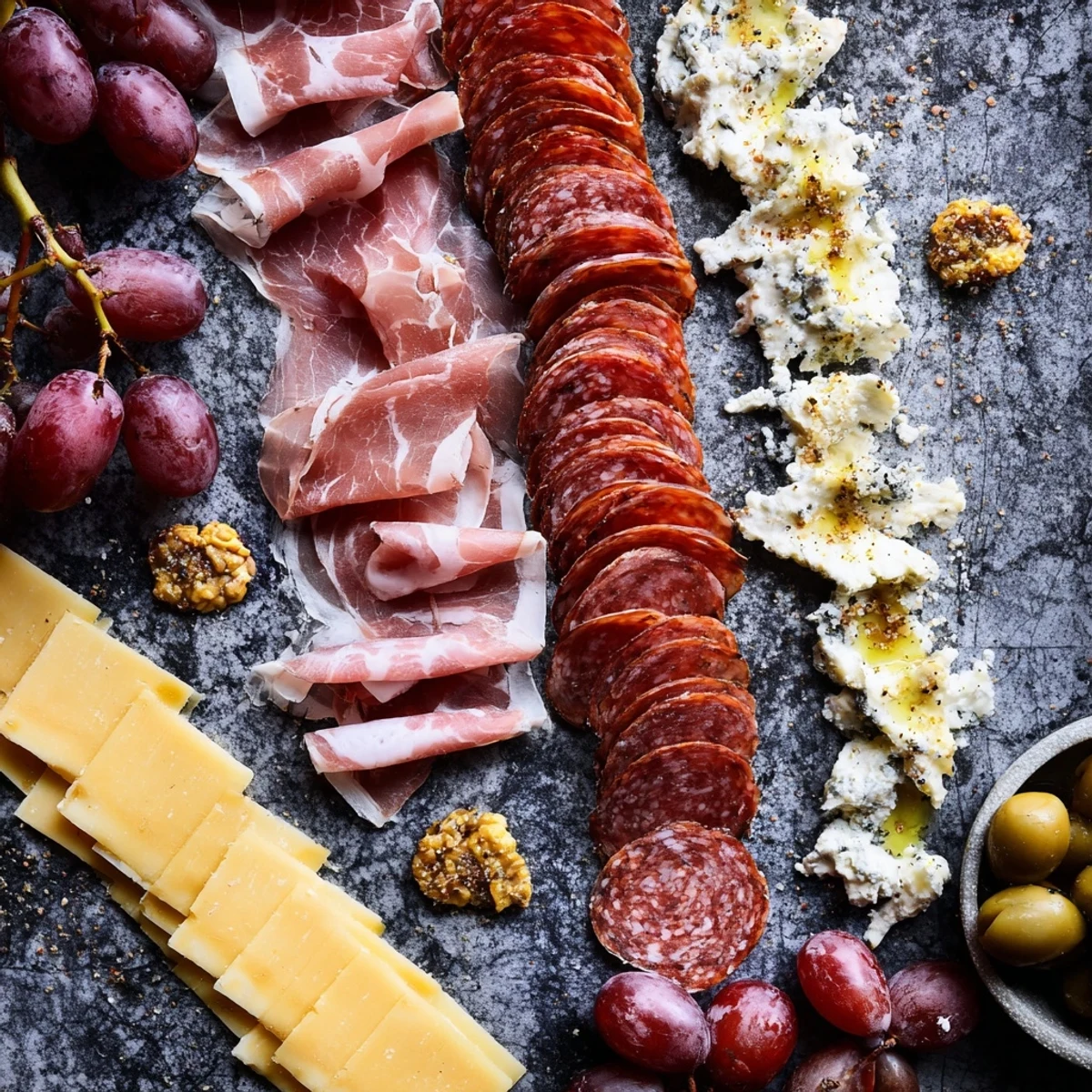 A striking view of The Industrial Slate appetizer, showcasing a charcuterie board's cold meat lines.