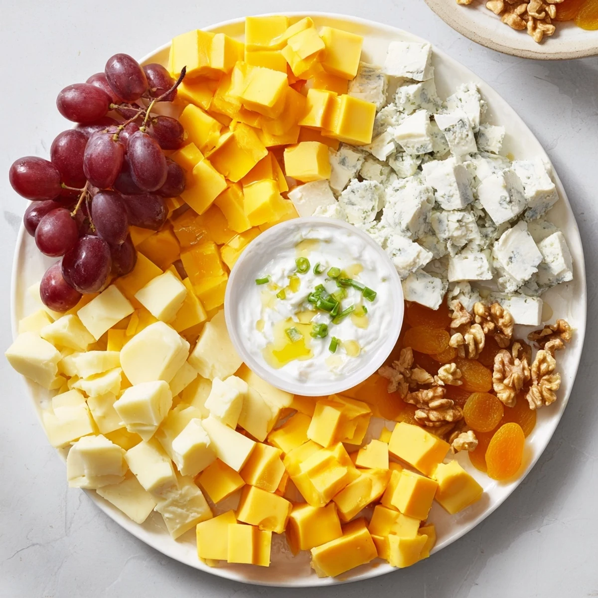 This vibrant Celtic Cross Cheese Platter showcases Brie, cheddar, and grapes around a creamy dip.