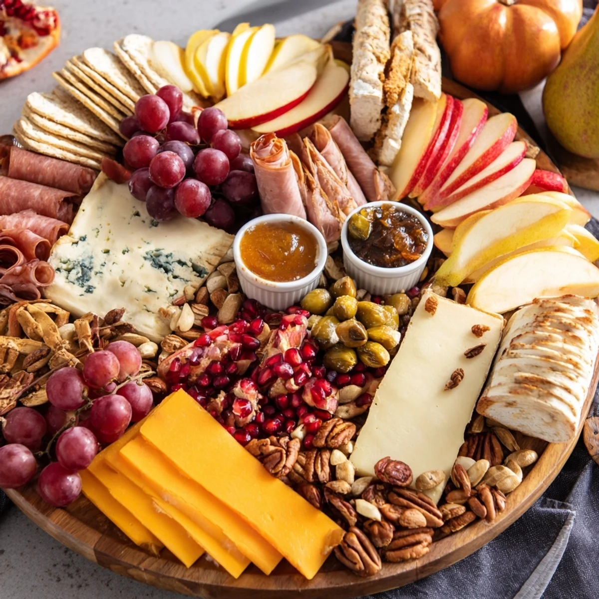 An autumn Cornucopia Harvest Board overflowing with colorful fruits, cheeses, and meats looks delicious.