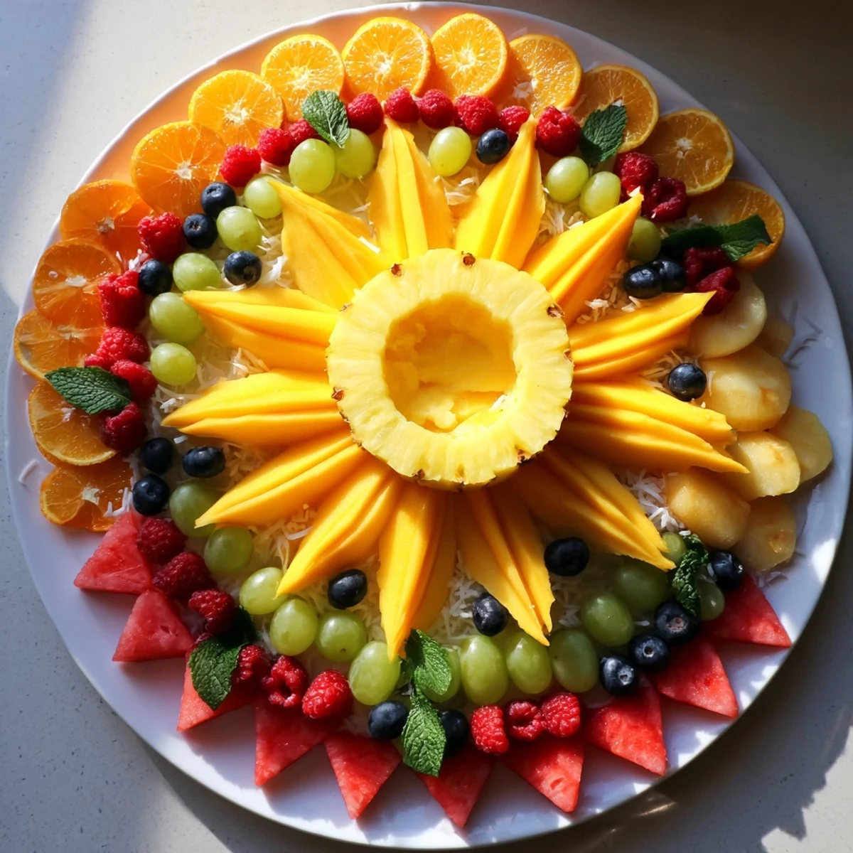 A bright Summer Rays Sun-Shaped Fruit Tray, ready for a sunny summer snack, featuring colorful fruit slices.