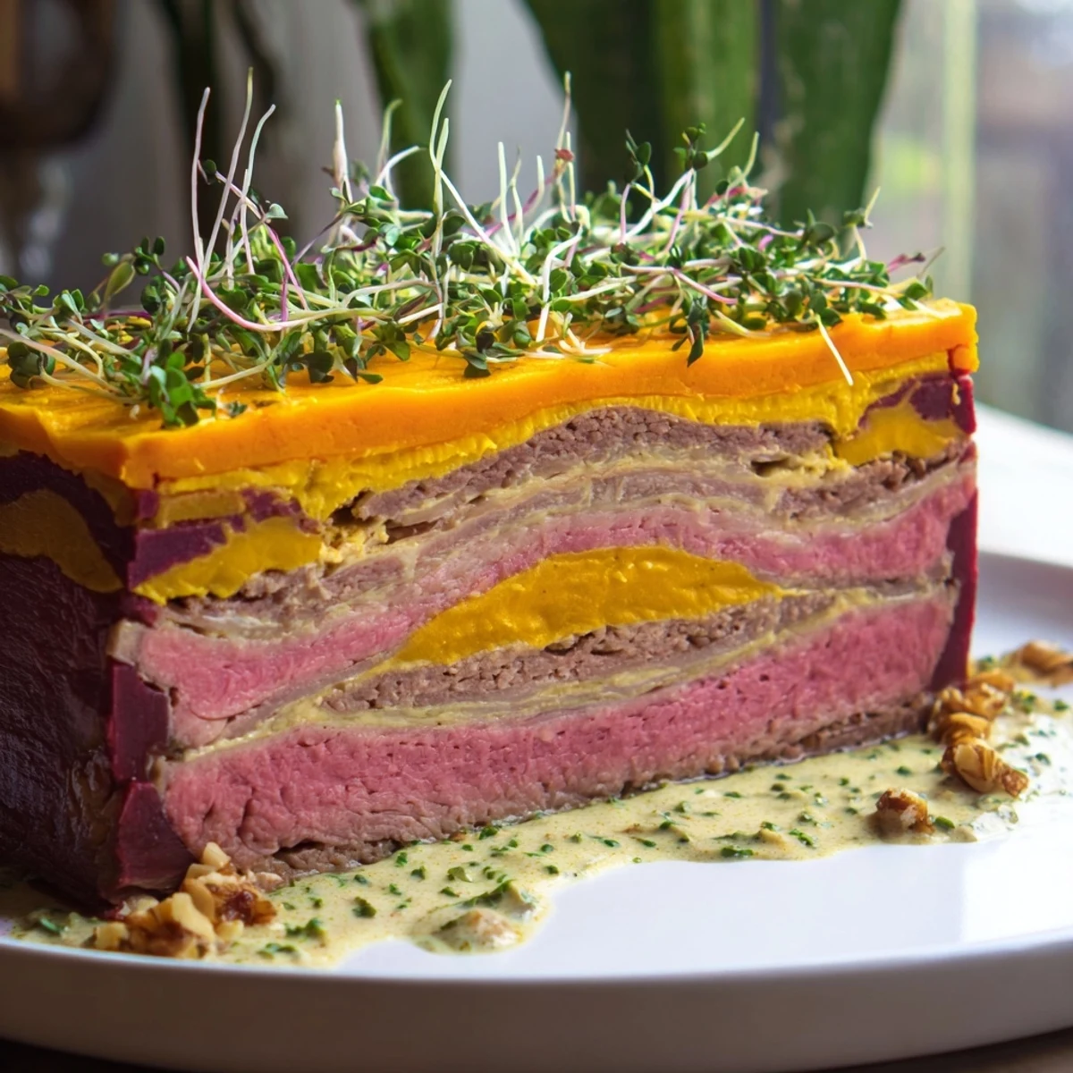 A layered Grand Canyon Rim terrine with a vibrant blue cheese river, ready for serving.
