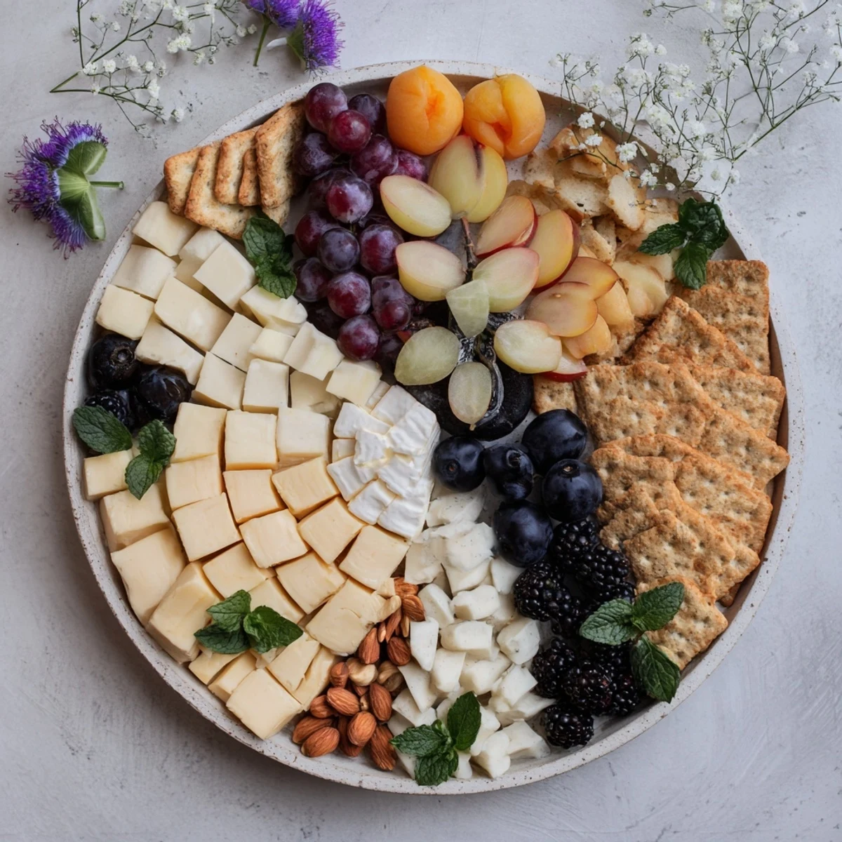 Elegant yin-yang appetizer board with blackberries and pairings like creamy goat cheese and plums.