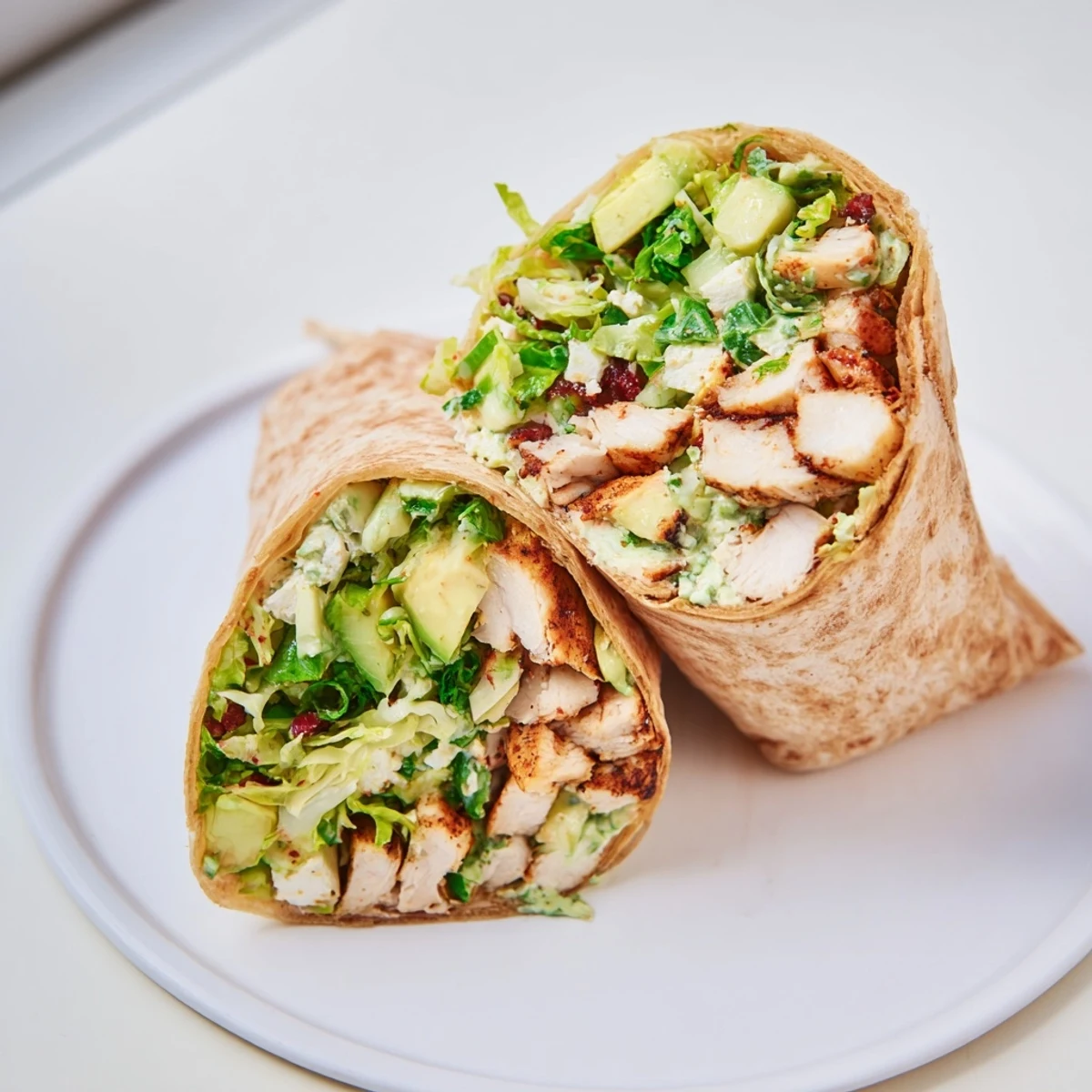 Fresh Green Goddess Chicken Wraps, overflowing with grilled chicken and a vibrant veggie salad for a healthy lunch.