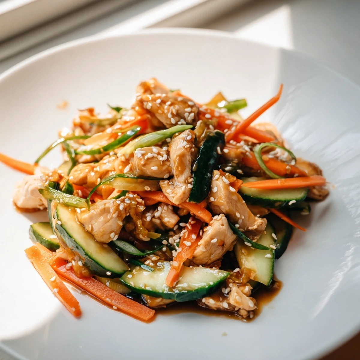 Close-up of a refreshing shaker chicken salad, with juicy chicken pieces and a savory dressing, perfect for any time.