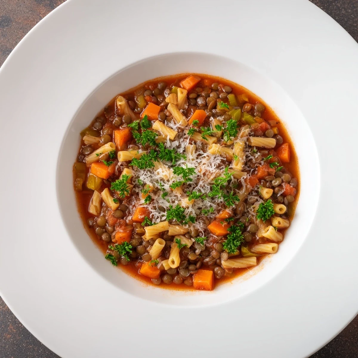Creamy, aromatic bowl of Ditalini and Lentil Soup, perfect comfort food, ready to serve with Parmesan.