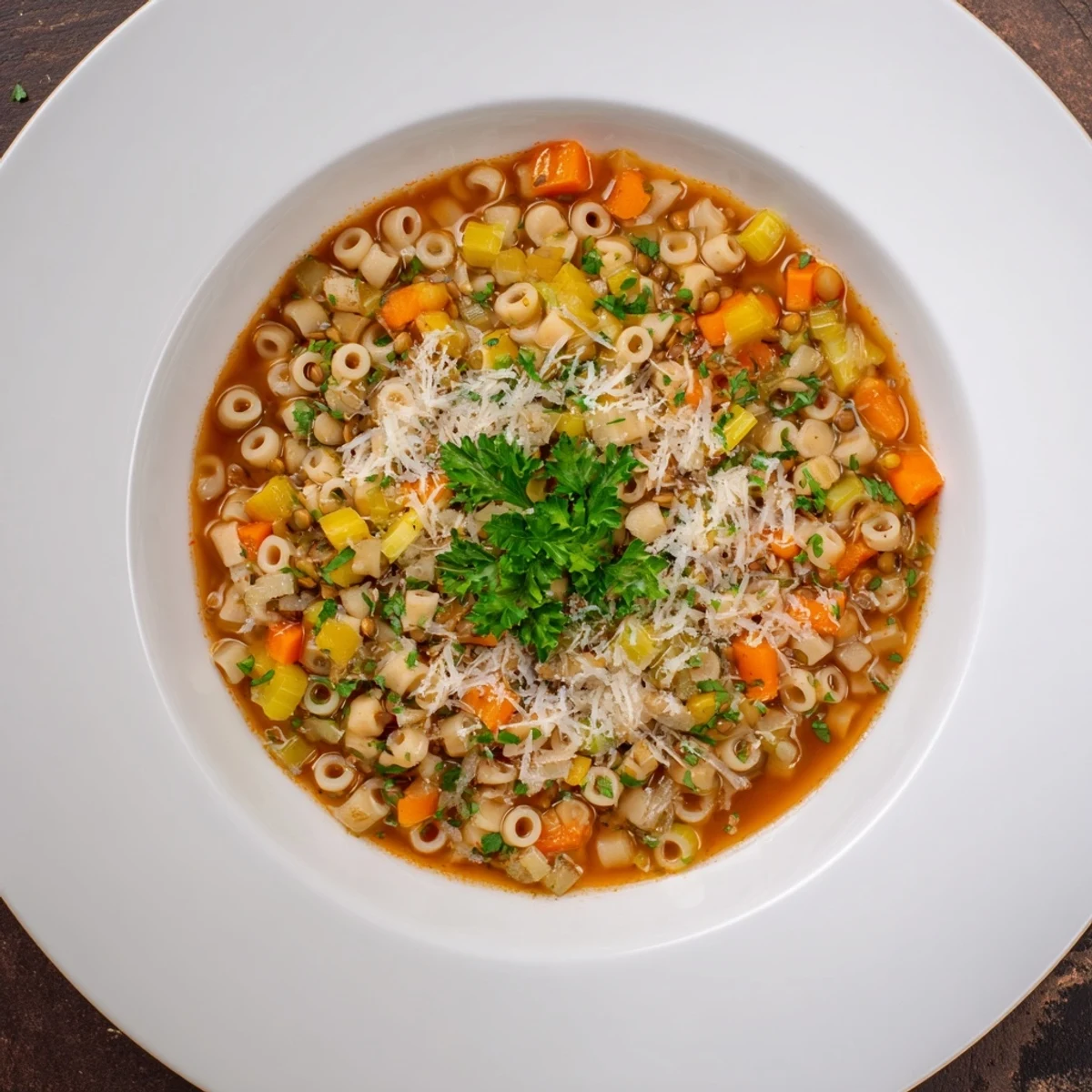 Close-up of a flavorful Ditalini and Lentil Soup; a beautiful vegetarian meal in a bowl.