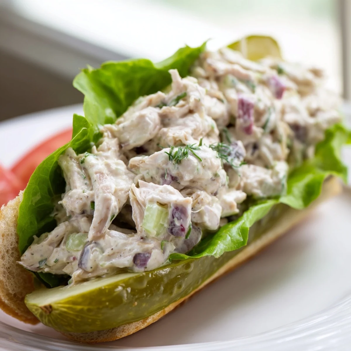 Crispy dill pickles cradling creamy chicken salad, a vibrant and tasty low-carb sandwich.