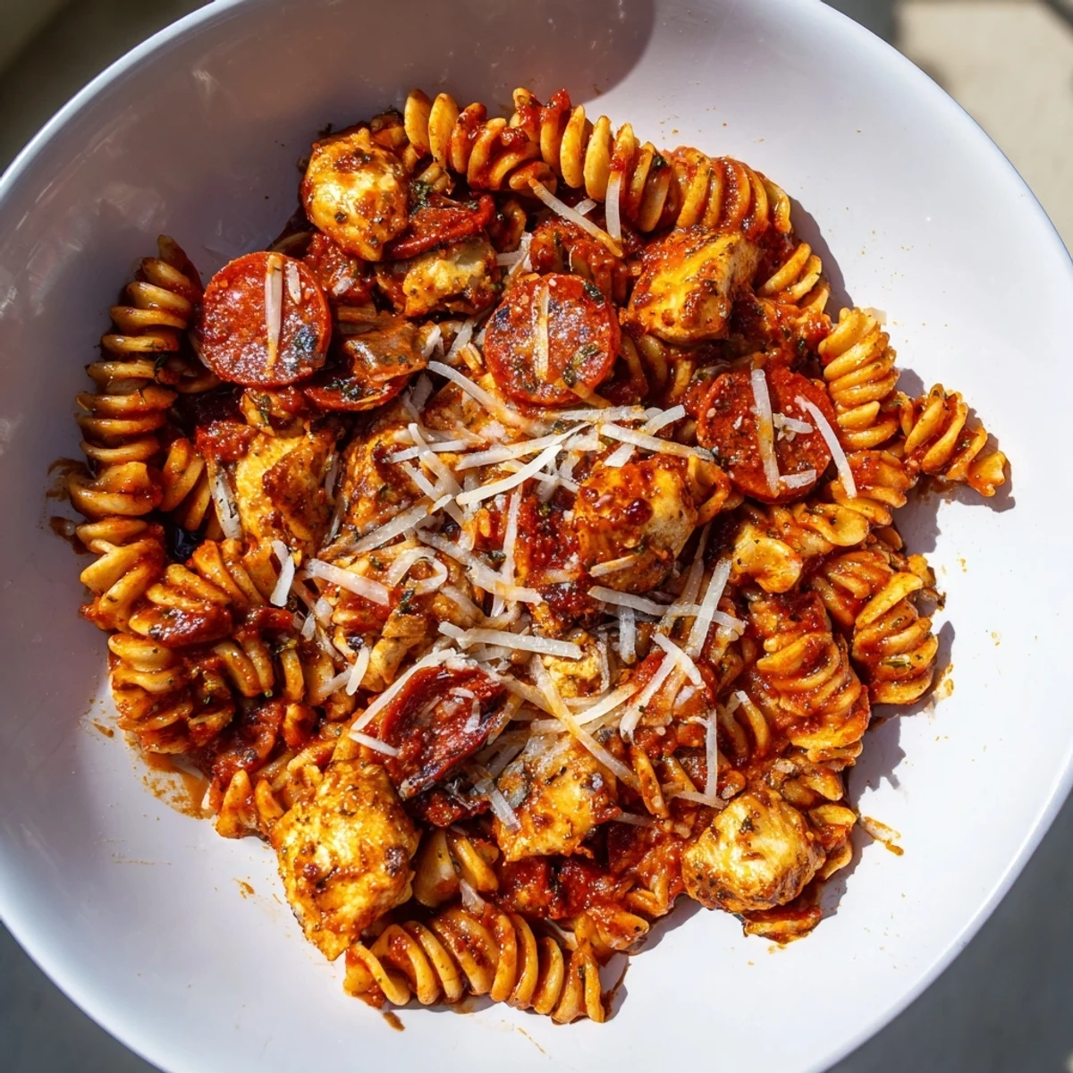 One-Pan Pizza Pasta bubbling in skillet, with melted mozzarella and fresh herbs, perfect dinner.