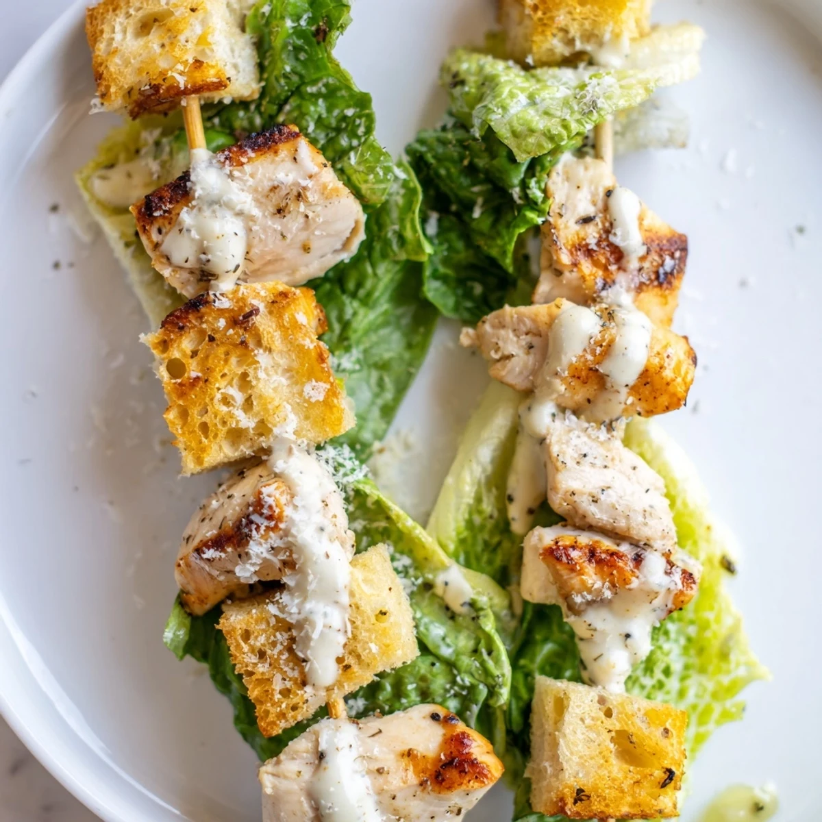 Skewers of Chicken Caesar Salad: Grilled chicken, crunchy croutons, and romaine lettuce are perfectly assembled.