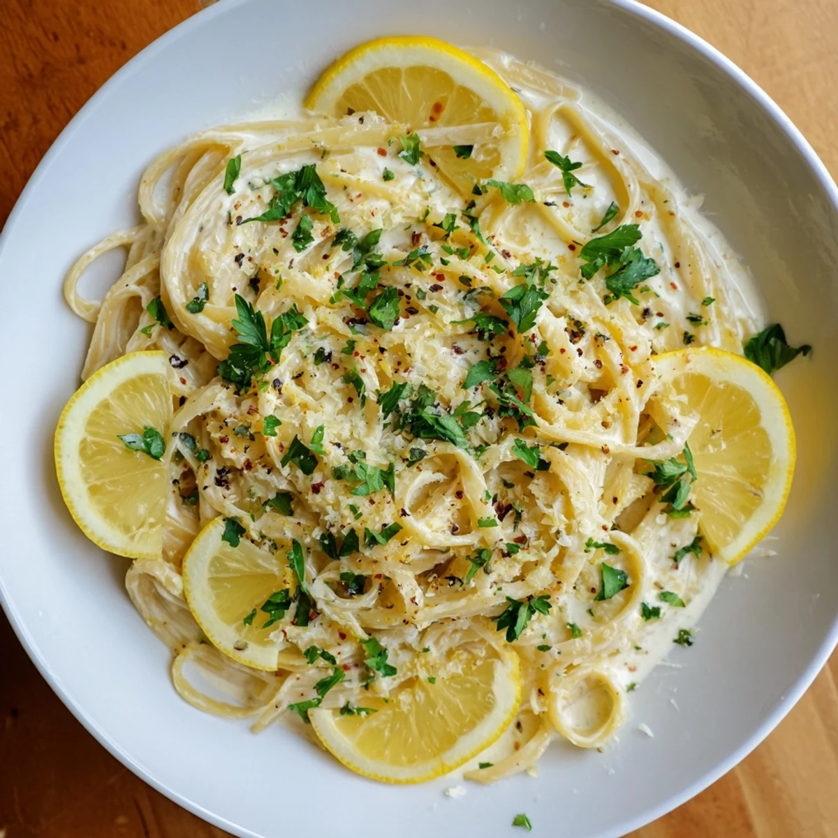 Creamy Lemon-Garlic Greek Yogurt Pasta, ready to eat, topped with fresh parsley and Parmesan.