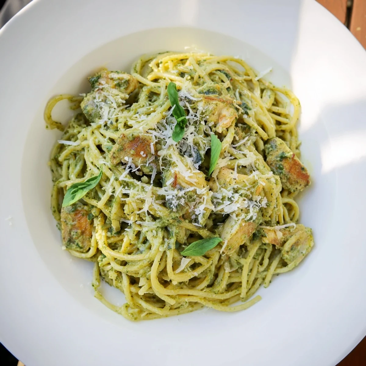 Golden, tender chicken and creamy pesto-egg sauce coating the delicious pesto egg and chicken pasta.