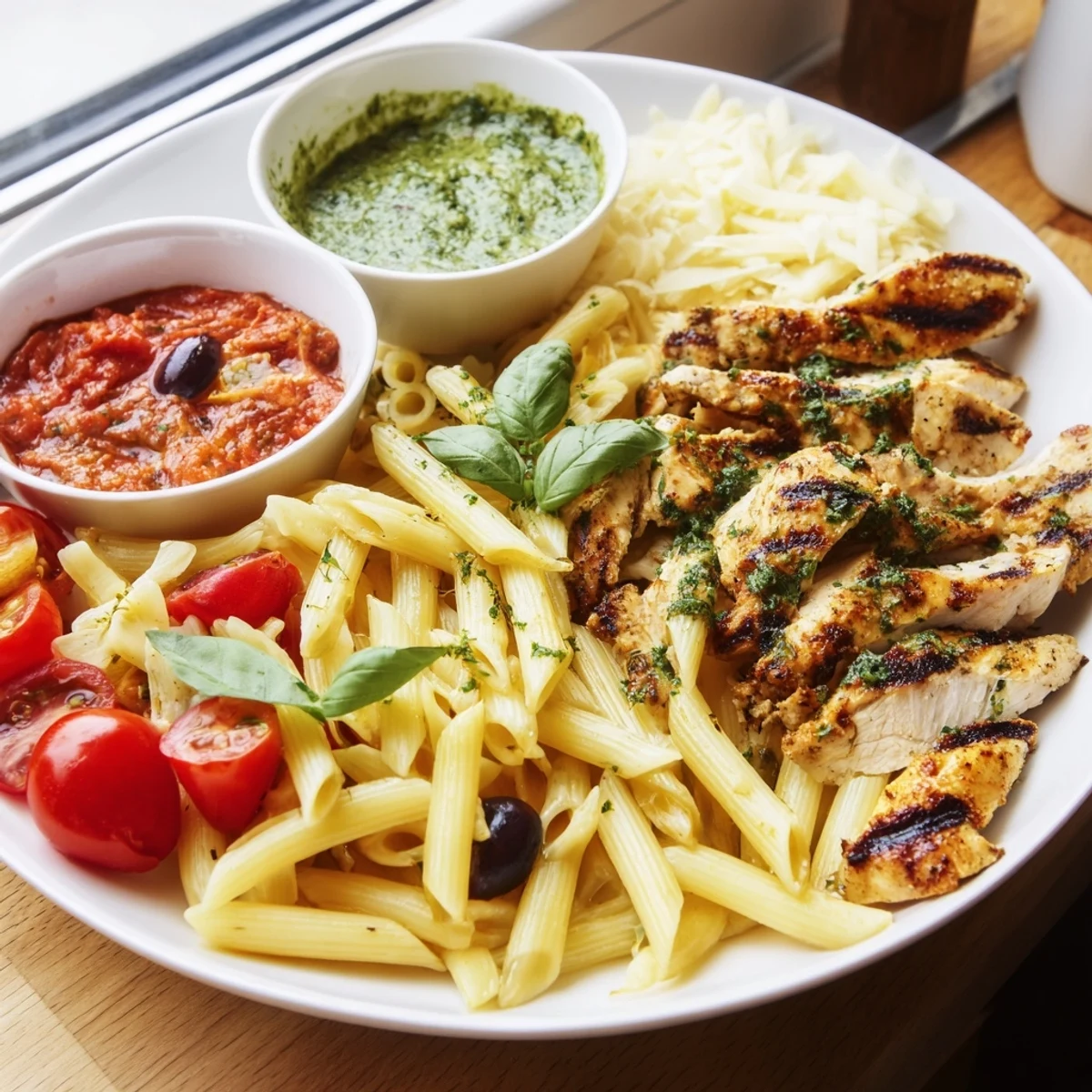 Girl Dinner Pasta Board with grilled chicken, showing a delightful, shareable Italian-American meal.