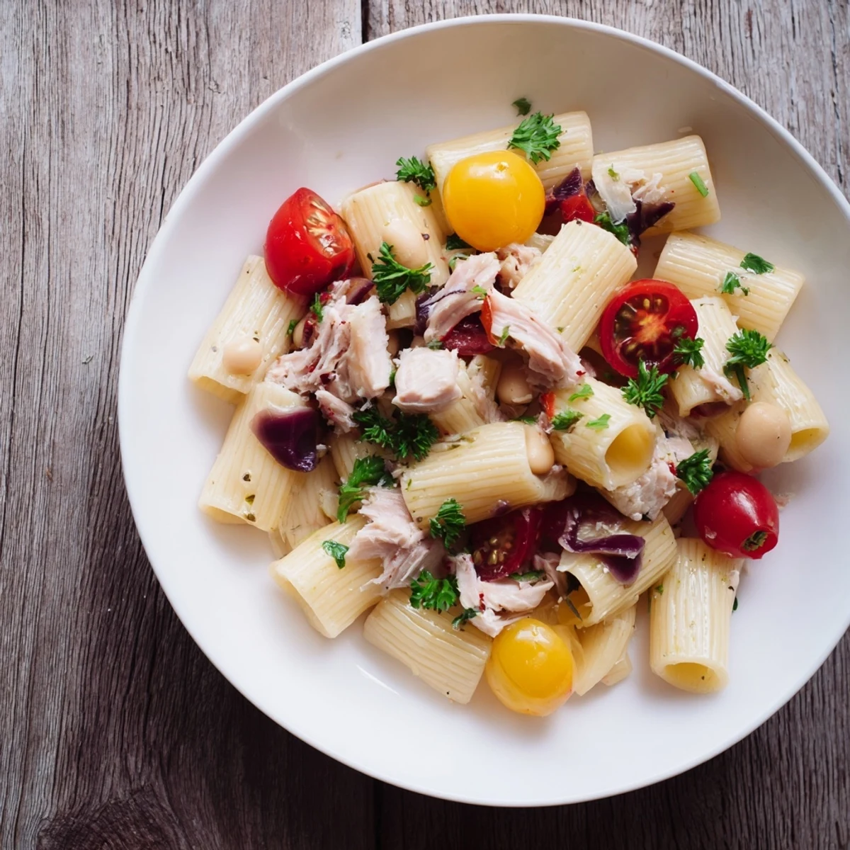 Creamy, vibrant Dense Chickpea and Tuna Salad, ready for lunch with fresh parsley garnish.