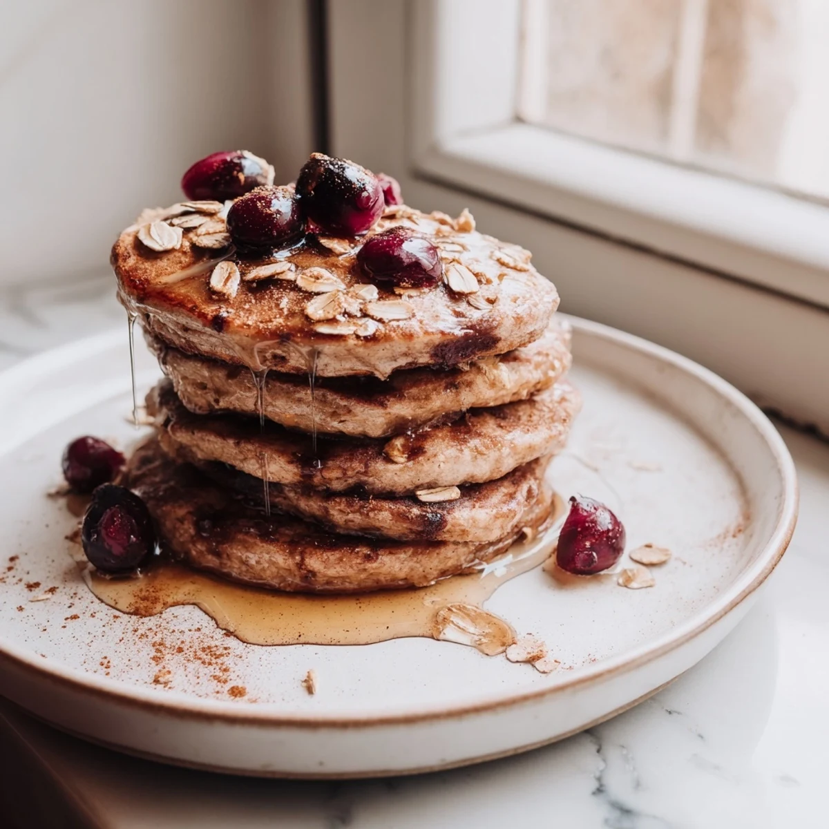 Golden-brown banana oat pancakes stacked high, ready for a delicious American breakfast.