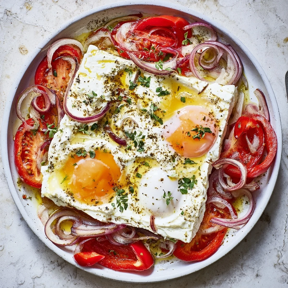 Mediterranean Baked Feta & Eggs, a bubbling, savory dish with red tomatoes and creamy feta.