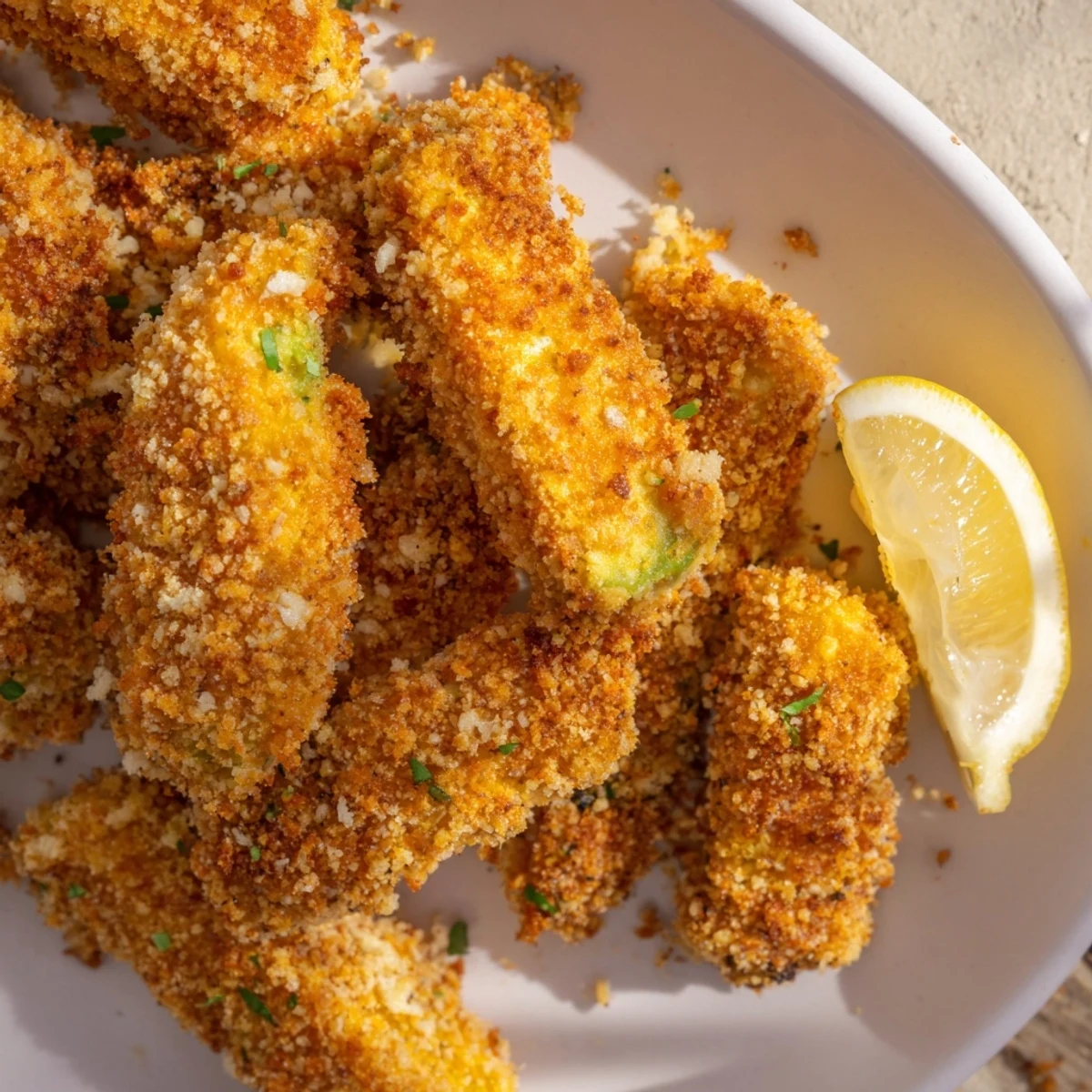 Golden, crispy baked avocado fries served with a creamy dipping sauce on a white plate.