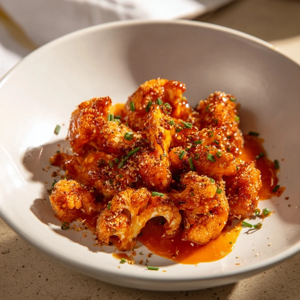 A close-up shot of fiery Sriracha-Buffalo Cauliflower Bites, perfect party food.