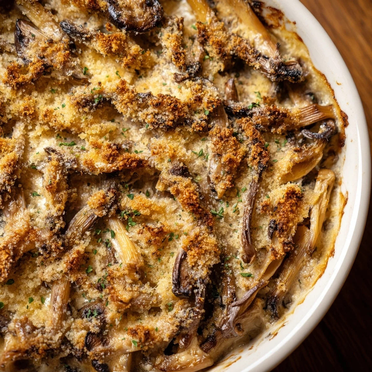 Close-up of golden brown Ranch-Seasoned Crispy Mushrooms, perfectly seasoned and baked for a snack.