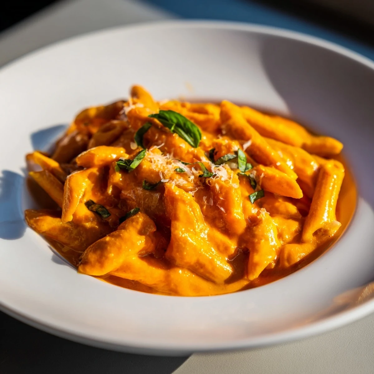 Close-up of Basil Garlic One-Pot Creamy Tomato Pasta, bubbling with a rich, inviting sauce.