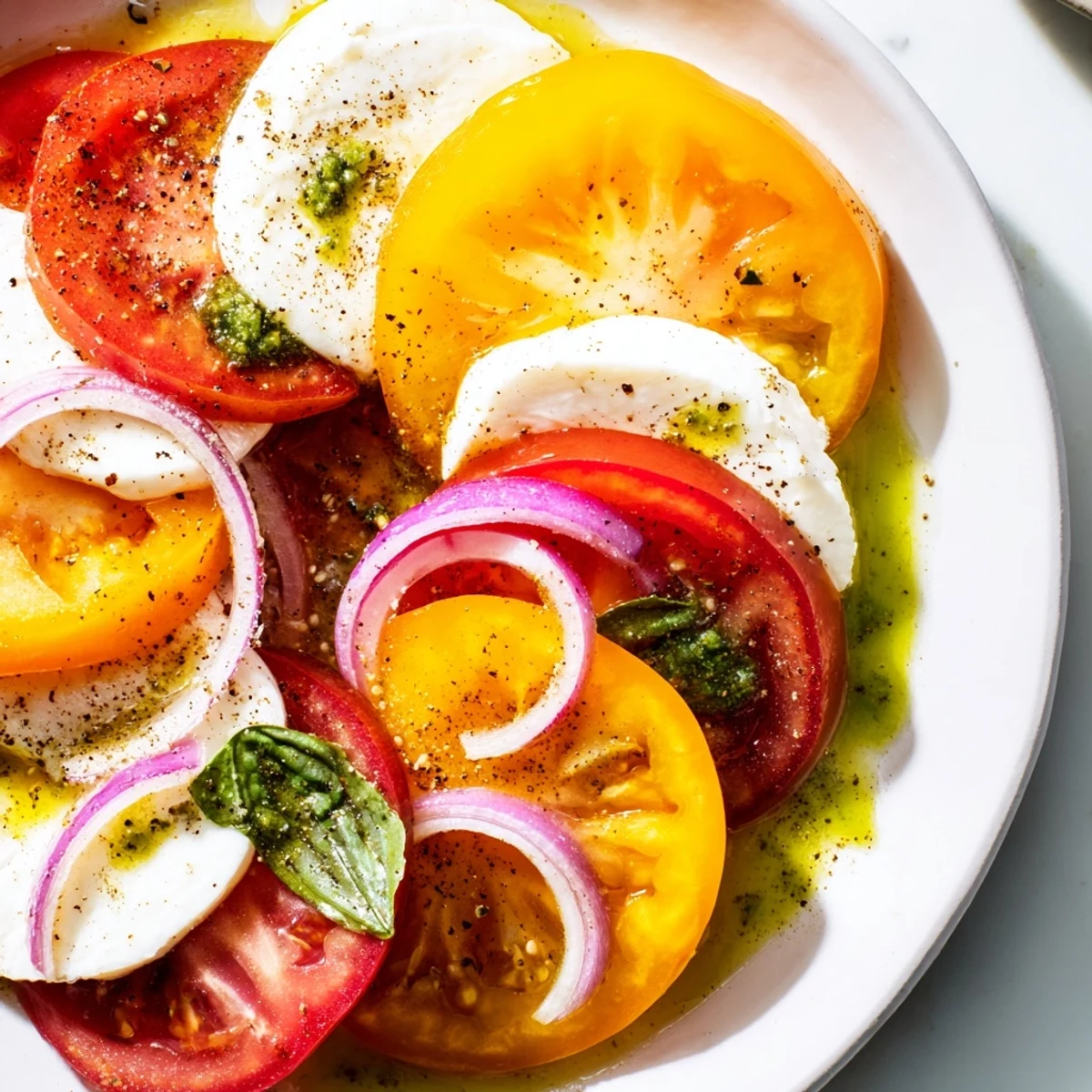 Vibrantly colorful summer tomato salad with fresh mozzarella and basil oil, ready to serve.