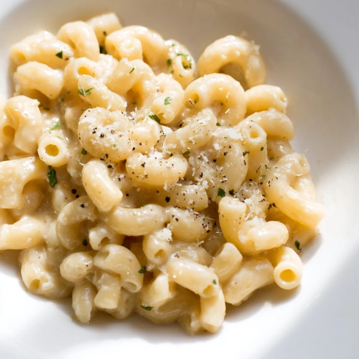 Close-up of a creamy 15-Minute Creamy Garlic Butter Ditalini, garnished with fresh parsley and Parmesan.