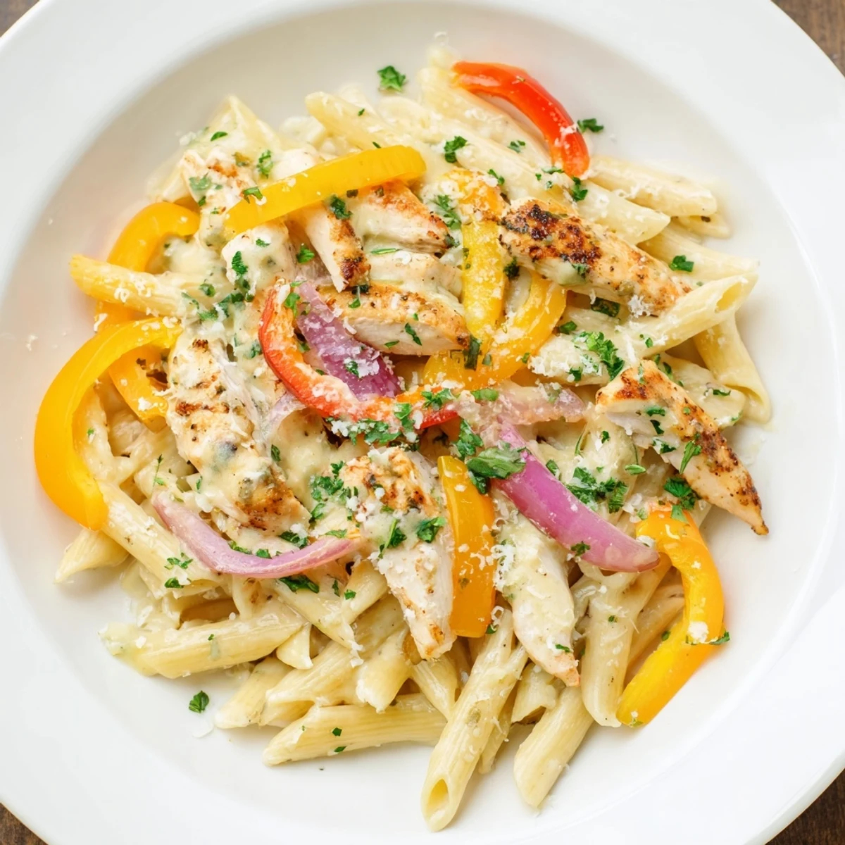 A creamy Cajun Chicken Pasta dish, with colorful peppers, and tender chicken, ready to enjoy.
